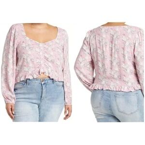 Abound Cinched Floral Long Sleeve Crop Blouse Pink & Purple Size Size Medium
